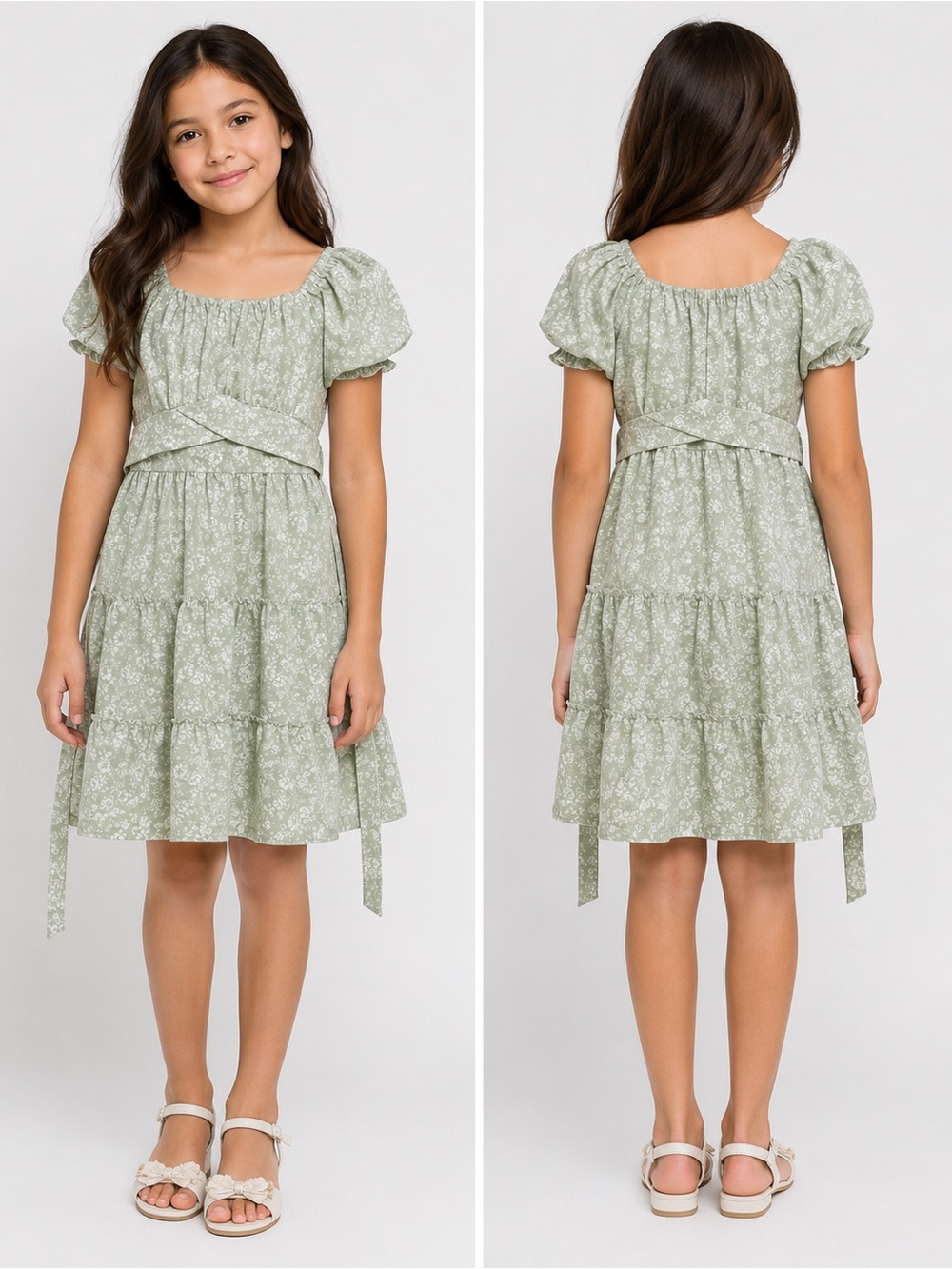 Rare Editions Mint Green Floral Puff Sleeve Tiered Dress